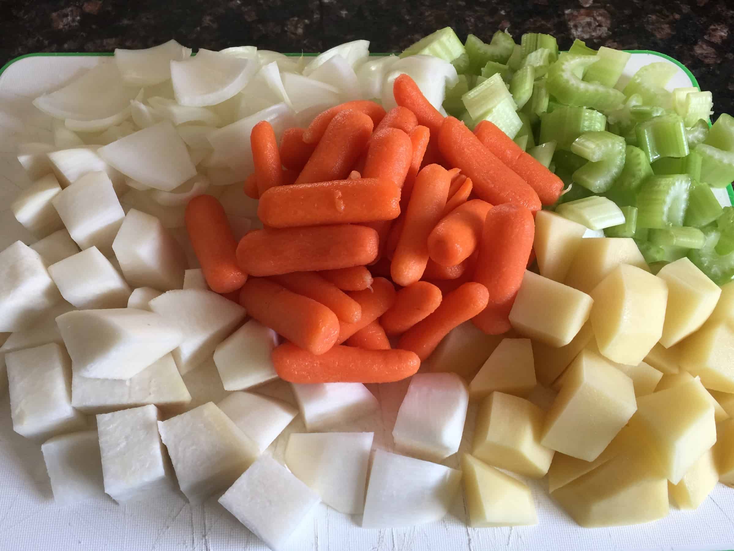 Picture of veggies chopped for use in Hearty Slow Cooker Beef Stew