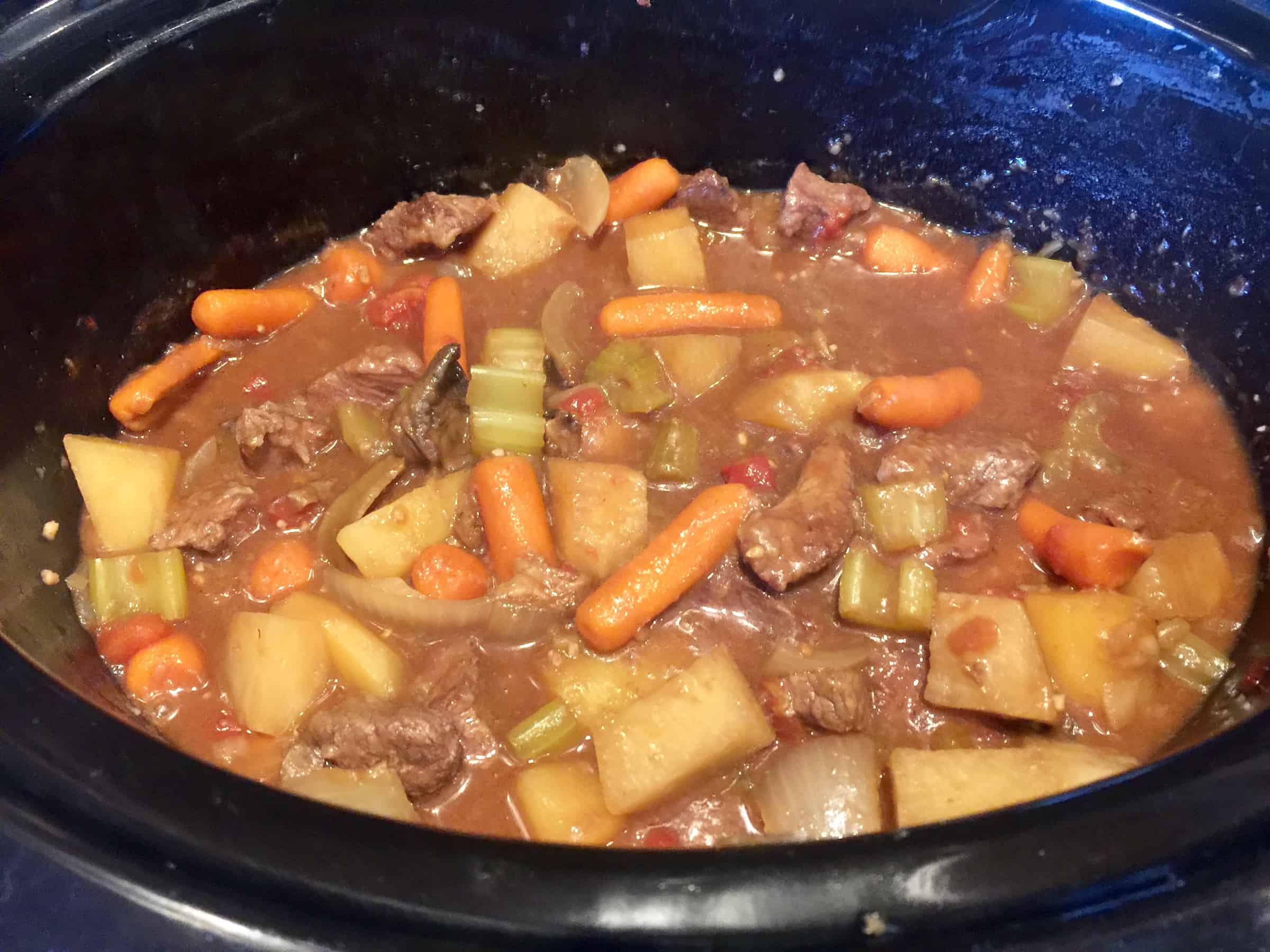 Picture of cooked Hearty Slow Cooker Beef Stew in the slow cooker