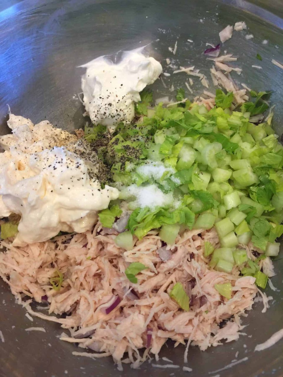 Remaining ingredients added to the bowl for Best Chicken Salad Ever