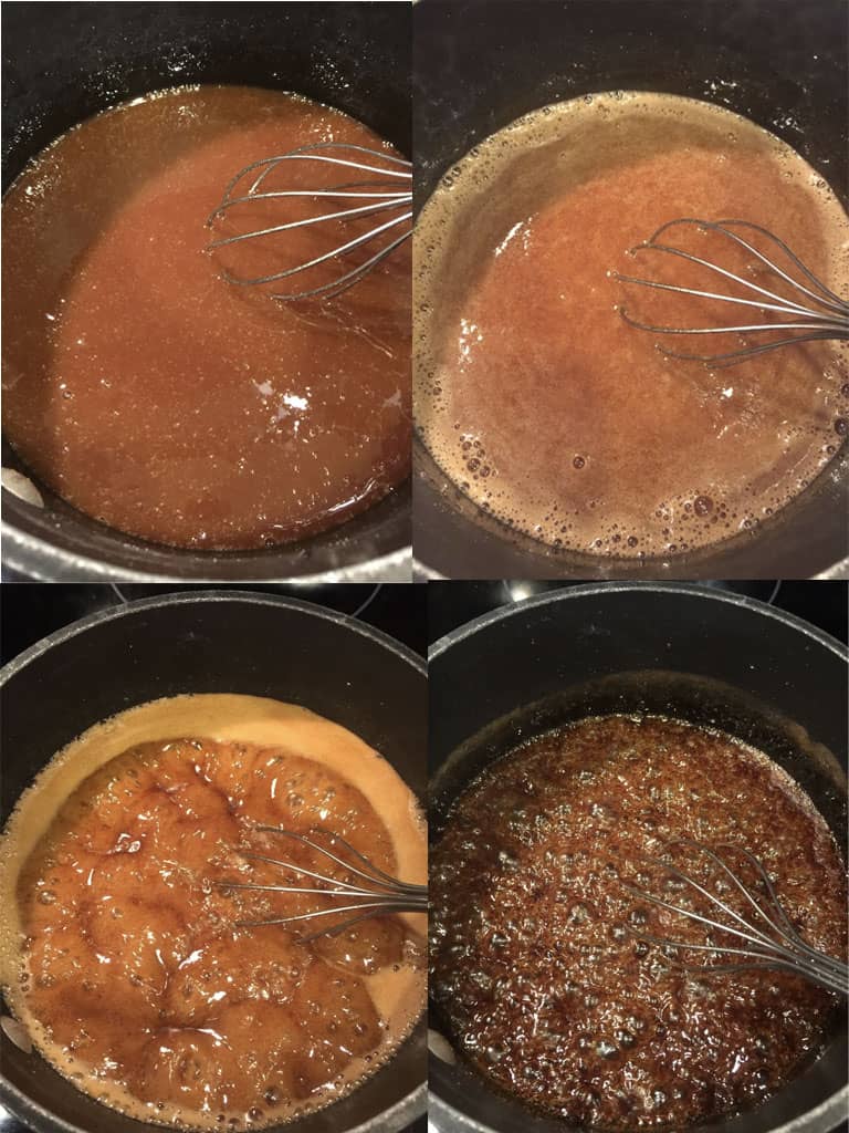 Picture of sweet & sour sauce during stages of thickening for Slow Cooker Sweet & Sour Ribs