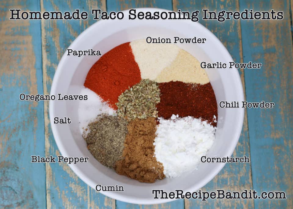 Picture of ingredients for Homemade Taco Seasoning in a bowl with identifying labels.