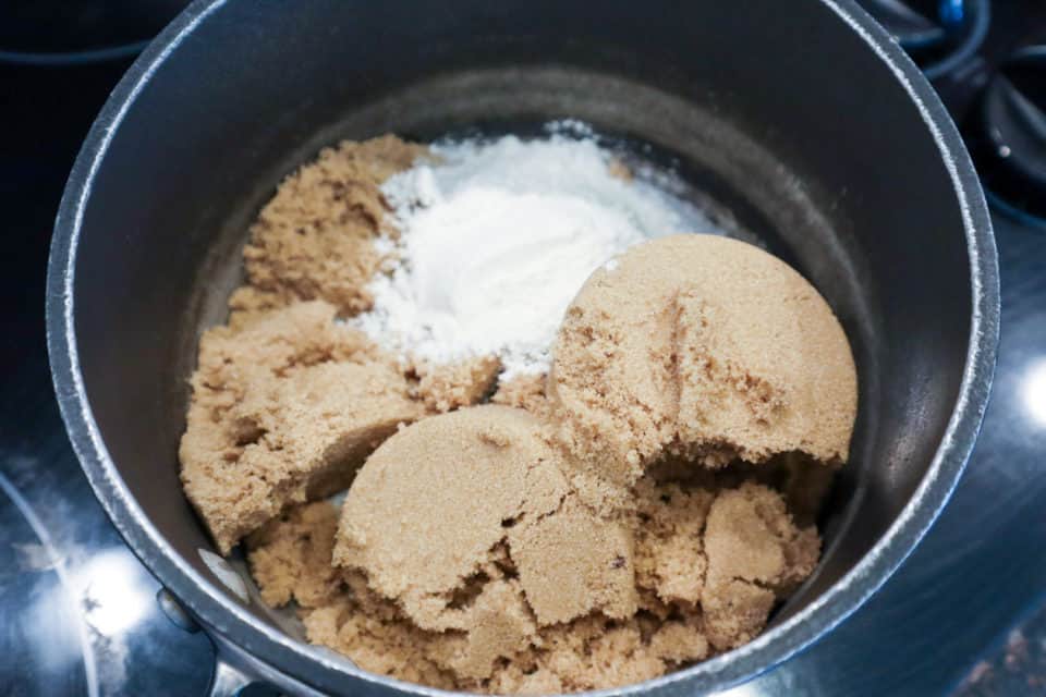 Picture of flour and brown sugar in saucepan for Sweet & Sour sauce