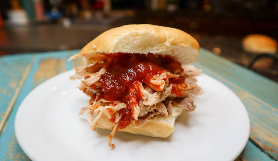 Picture of finished Sweet Pulled Pork Slider with Rootbeer Sauce on a plate.
