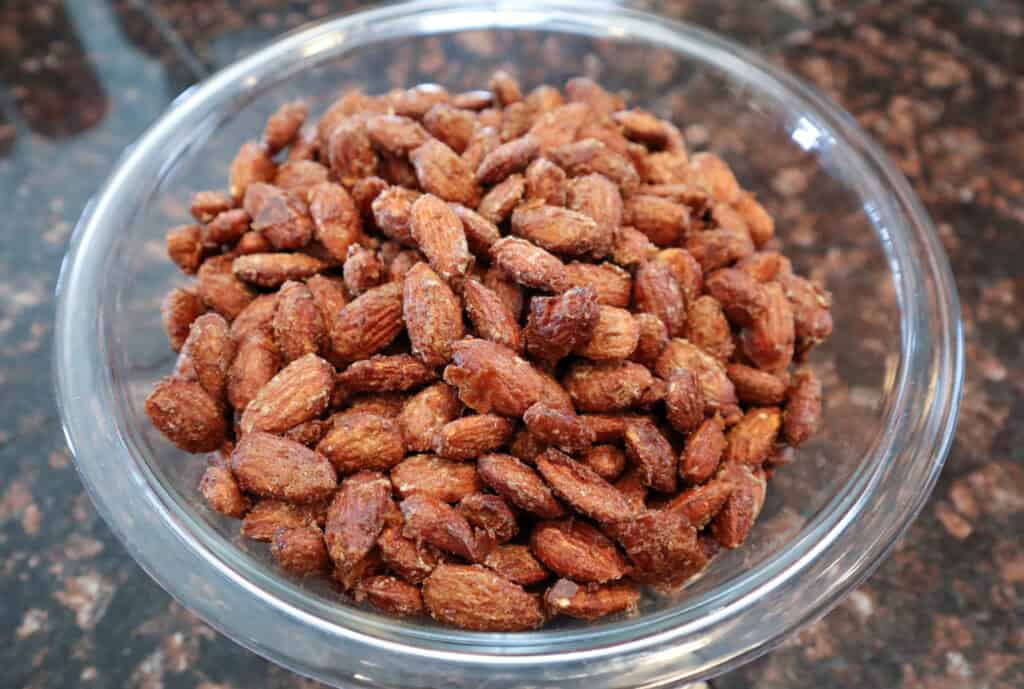 Finished Candied Cinnamon Toasted Almonds in a bowl. 