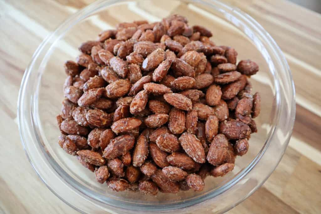 Finished Candied Cinnamon Toasted Almonds in a bowl. 