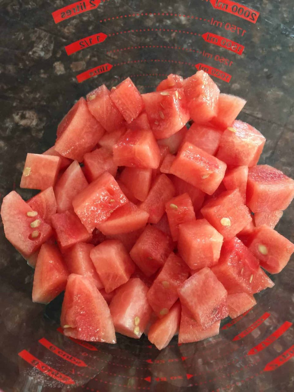 Picture of cubed watermelon in a bowl prepared for Watermelon Lime Sorbet