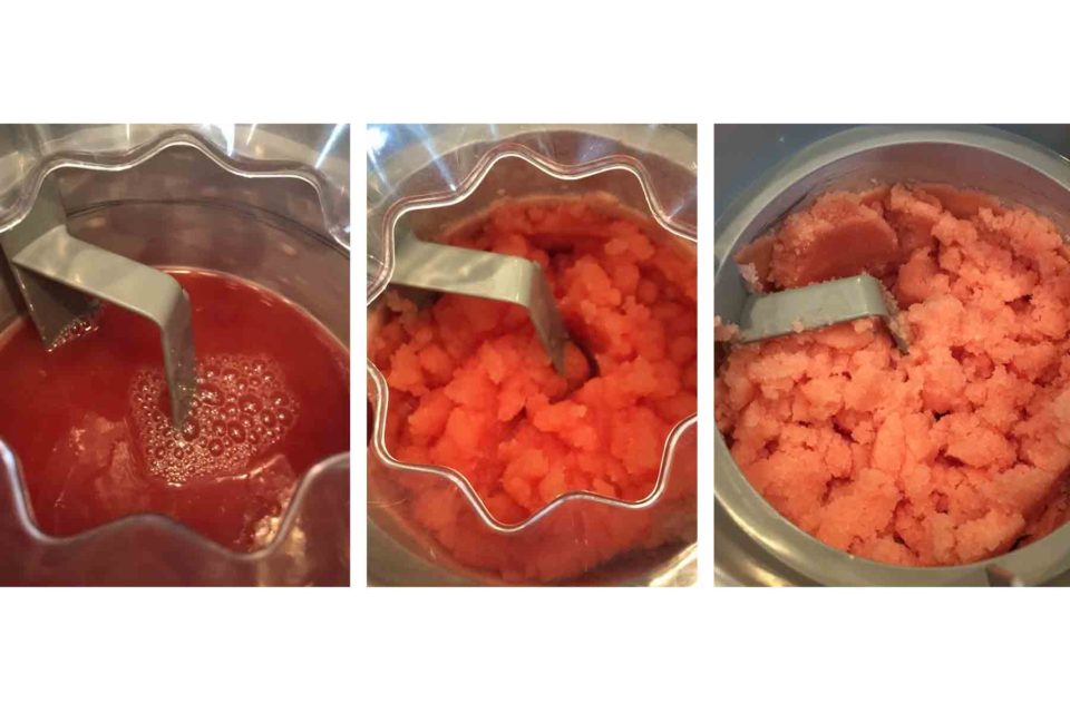Three picture progress collage of liquid turning into sorbet in the ice cream machine.