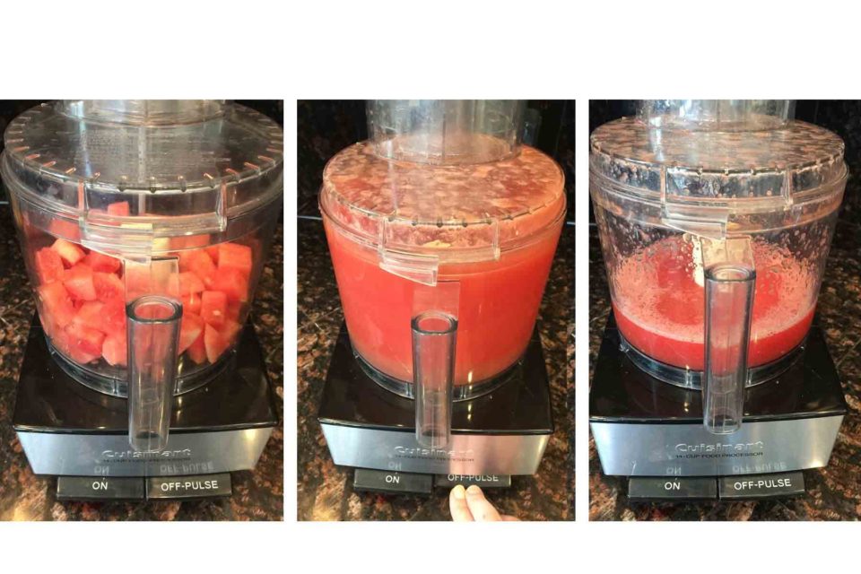 Picture of watermelon being liquefied in a food processor for Watermelon Lime Sorbet
