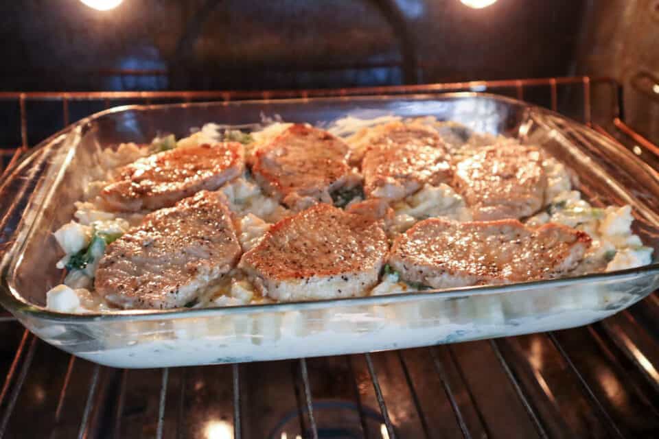 Cheesy Potato Broccoli Pork Chop Bake going into the oven.