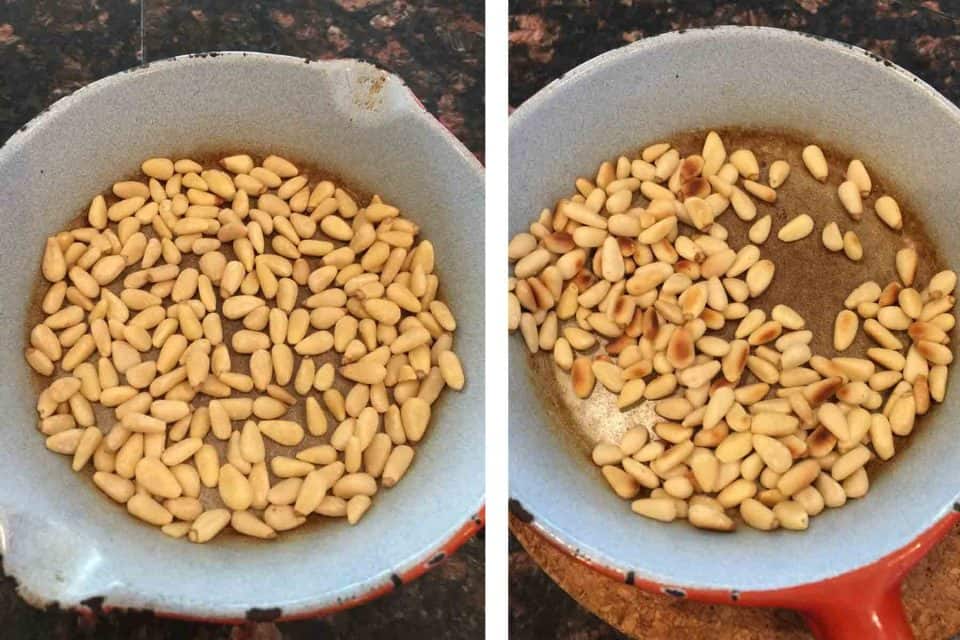 Toasted pine nuts before and after toasting - side by side pictures in skillets.