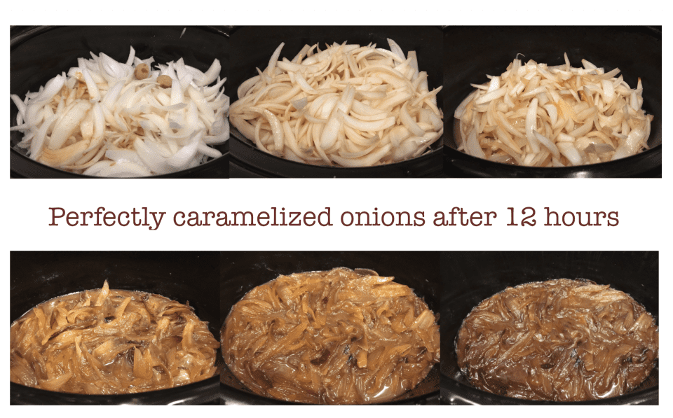 Processing shots of onions being caramelized in the slow cooker over time for Crock Pot French Onion Soup.