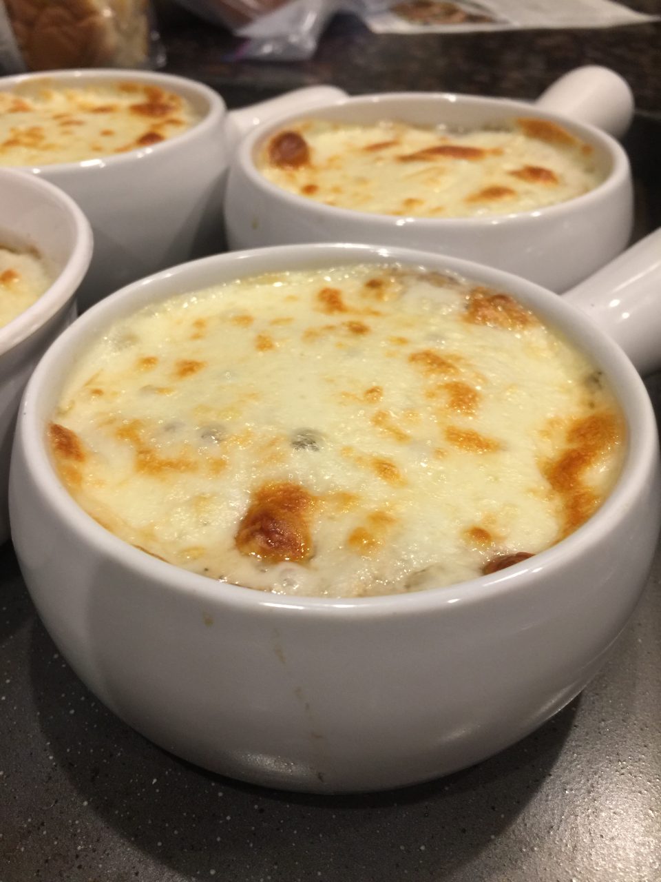 Finished Crock Pot French Onion Soup, cheese broiled.
