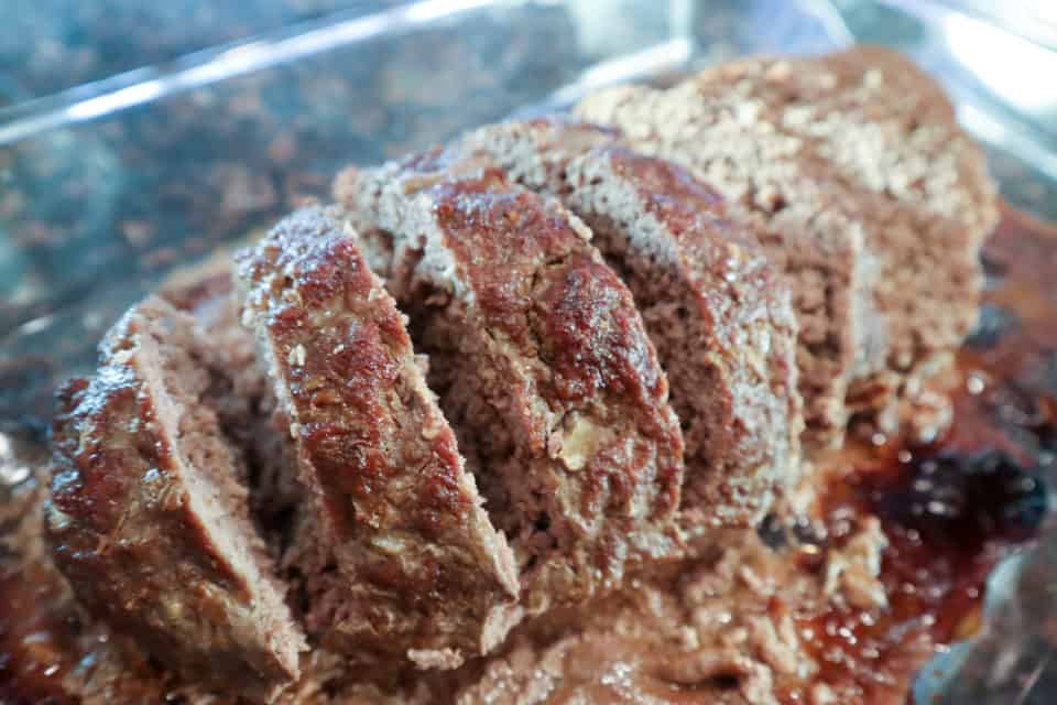 Finished Simple Weeknight Meatloaf, sliced.
