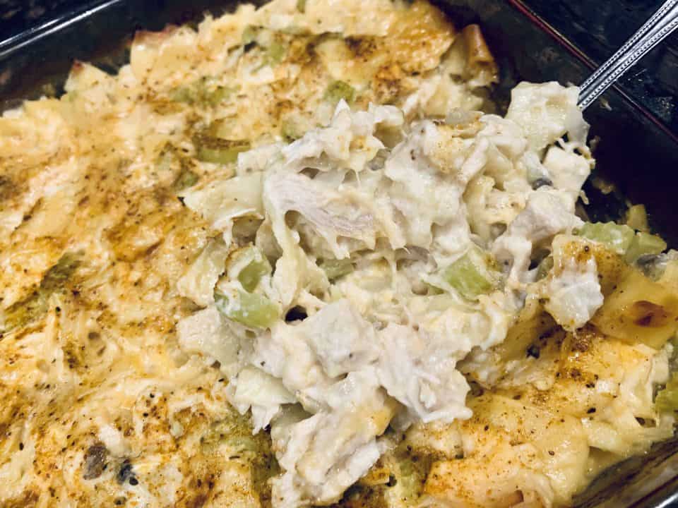 Finished Turkey Noodle Casserole in a baking dish.