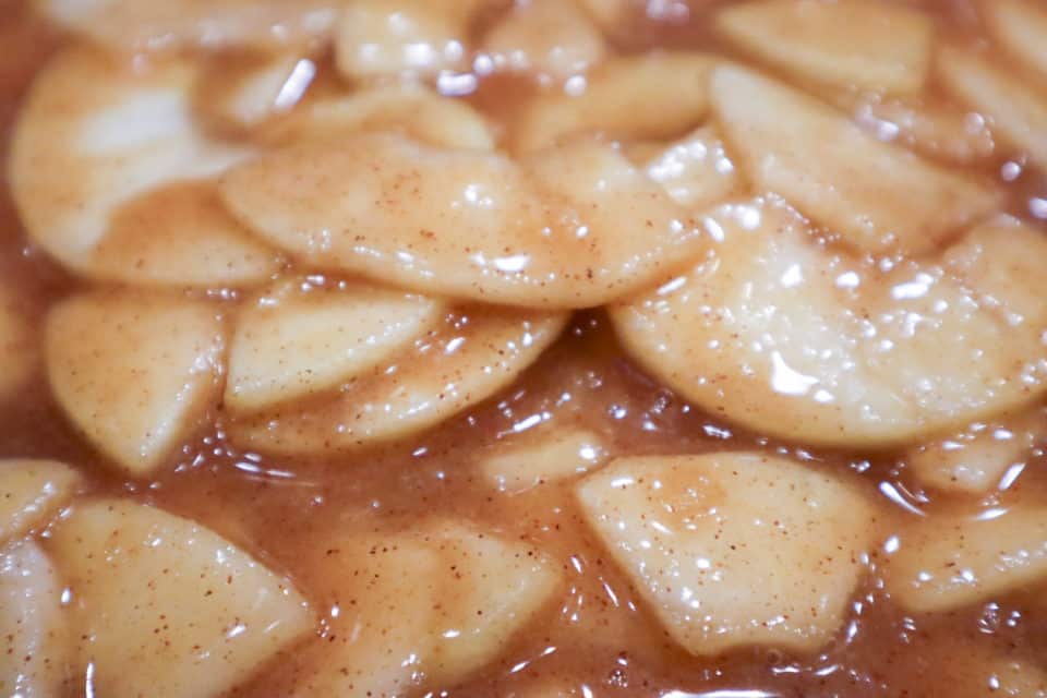 Close up picture of caramelized apple slices.