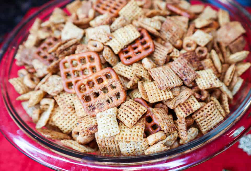 Savory Chex Mix in a glass bowl.
