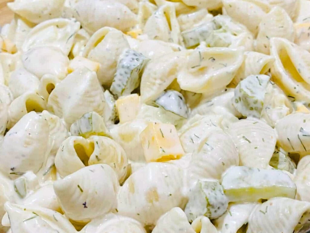 Finished Dill Pickle Pasta Salad up close.