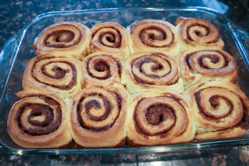 Homemade Cinnamon Buns after baking in the glass baking dish.