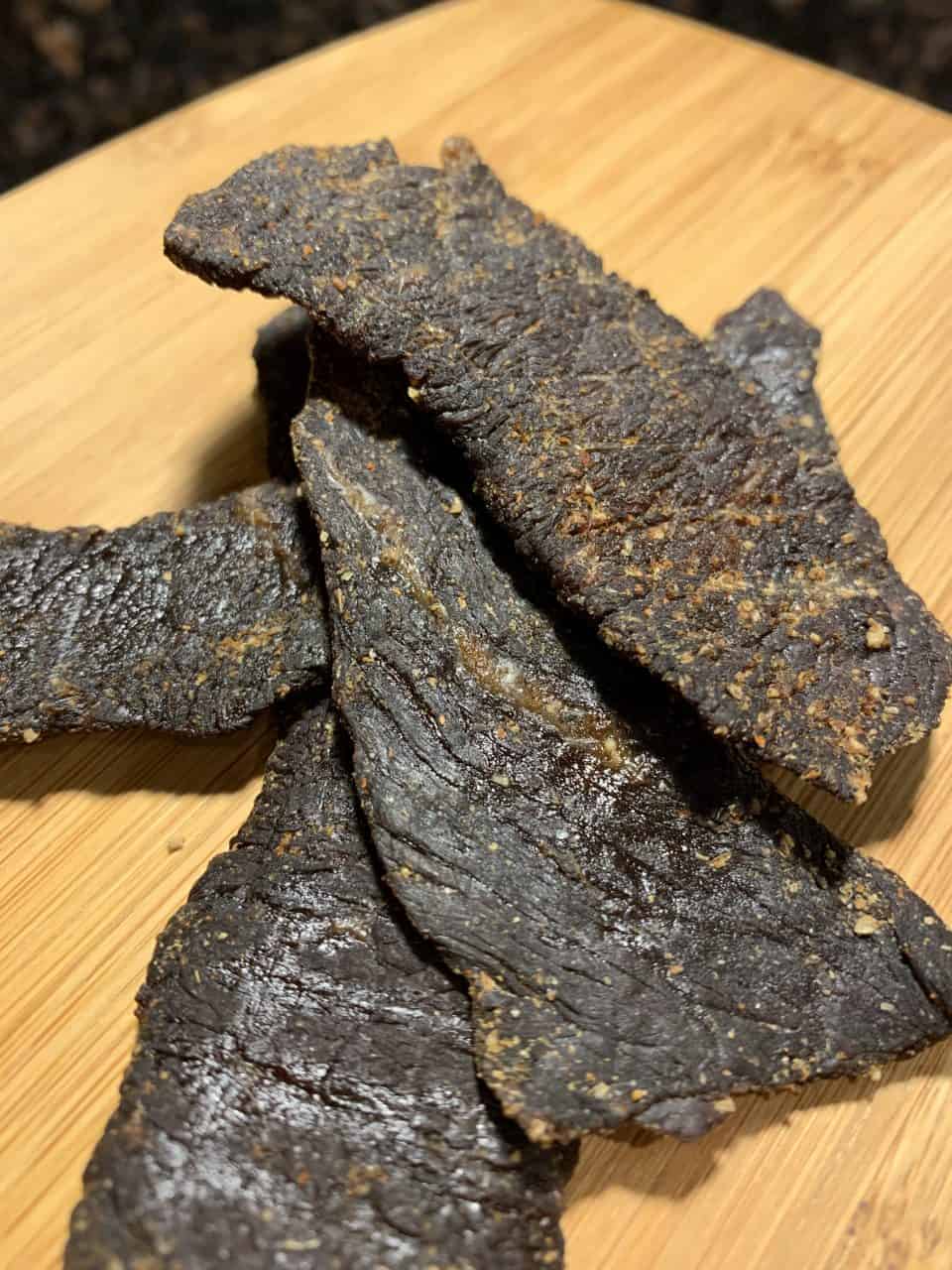 Finished up close Worcestershire Beef Jerky pieces