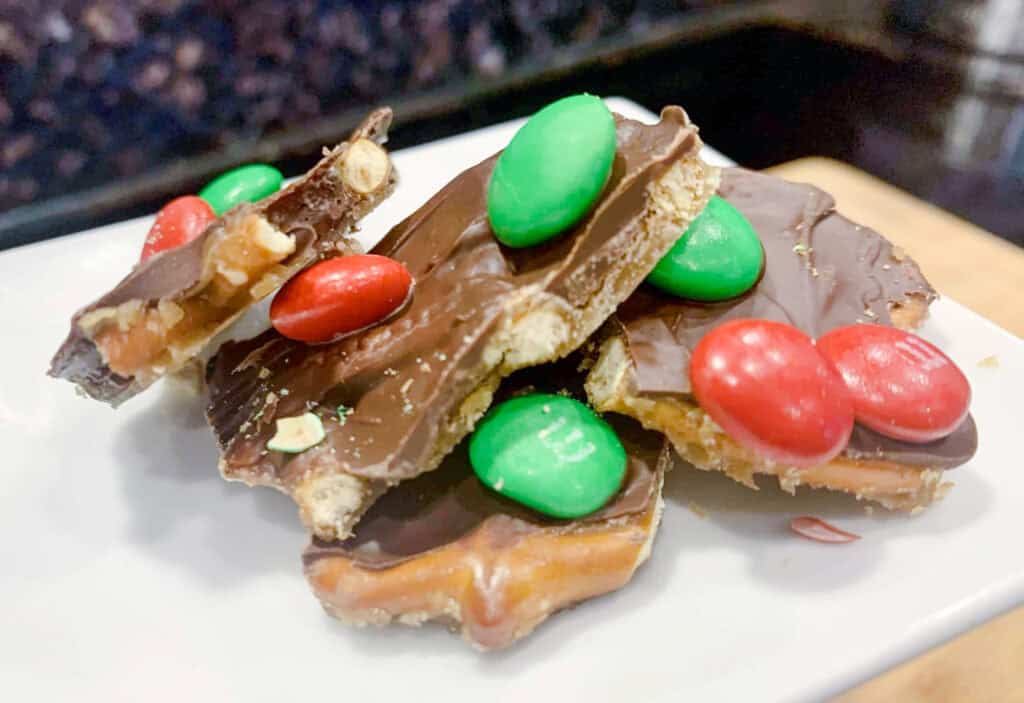 Finished Christmas Pretzel Candy on a plate.