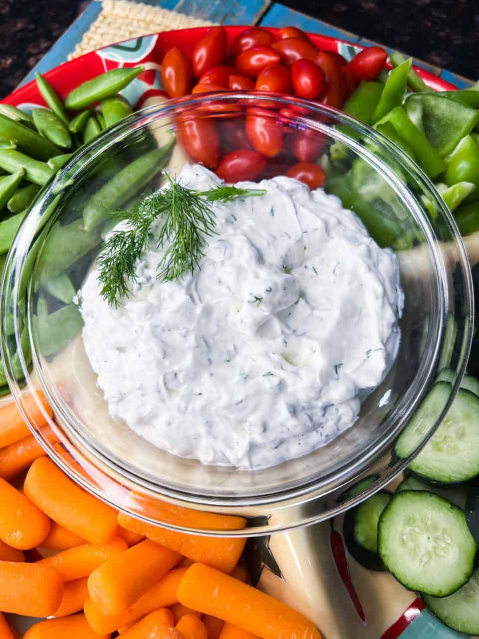 Finished Easy Homemade Ranch Dip surrounded by vegetables.