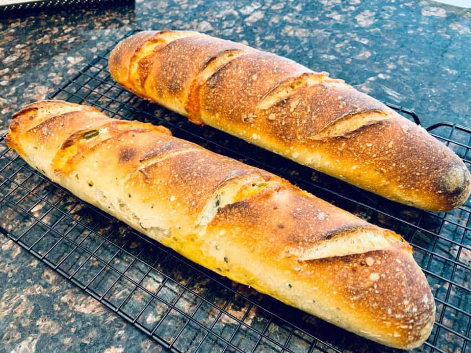Picture of baked Jalapeno Cheese Sourdough Baguettes
