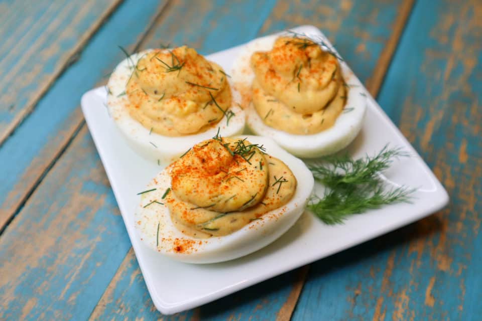Picture of three finished Spicy Deviled Eggs