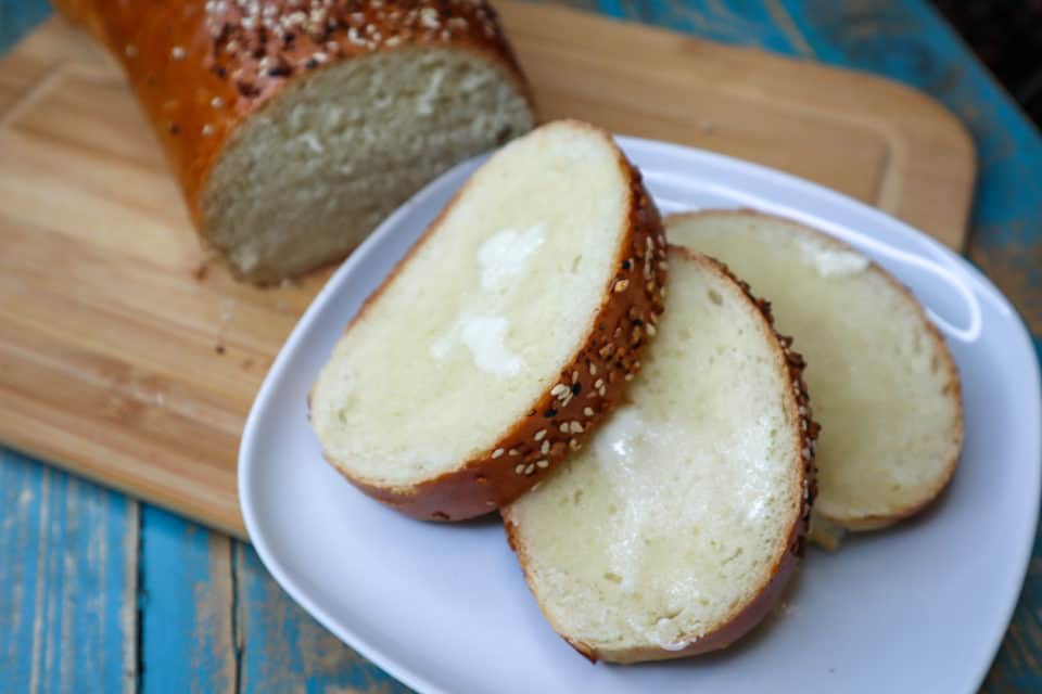 Picture of finished Everyday French Bread slices, buttered