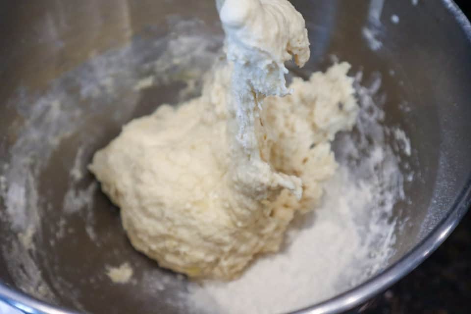 Picture of dough coming together for Everyday French Bread in a stand mixer