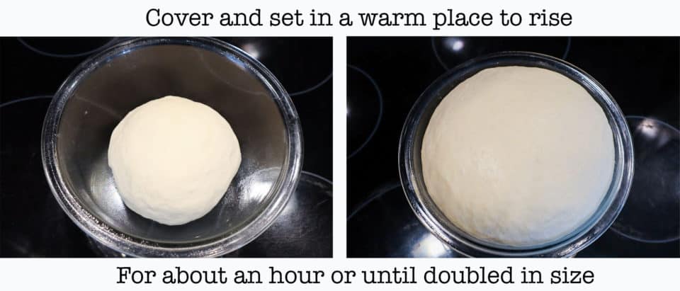 Picture of dough before and after rise side by side for Everyday French Bread