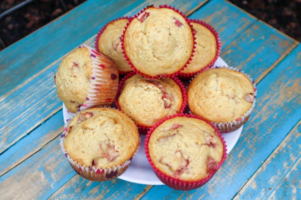 Picture of finished Strawberry Banana Oat Bran Muffins on a plate