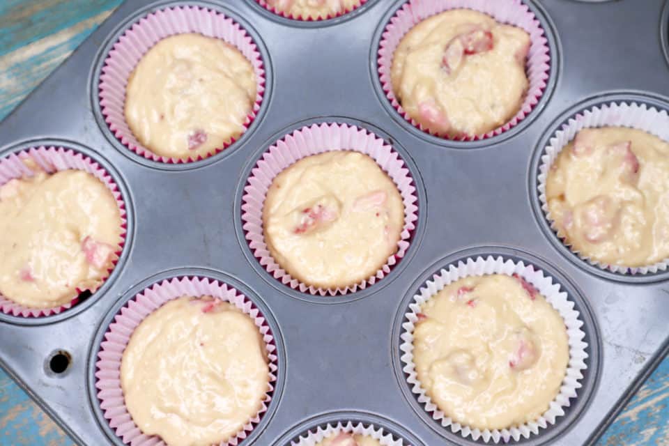 Picture of Strawberry Banana Oat Bran Muffins before baking in a muffin tin