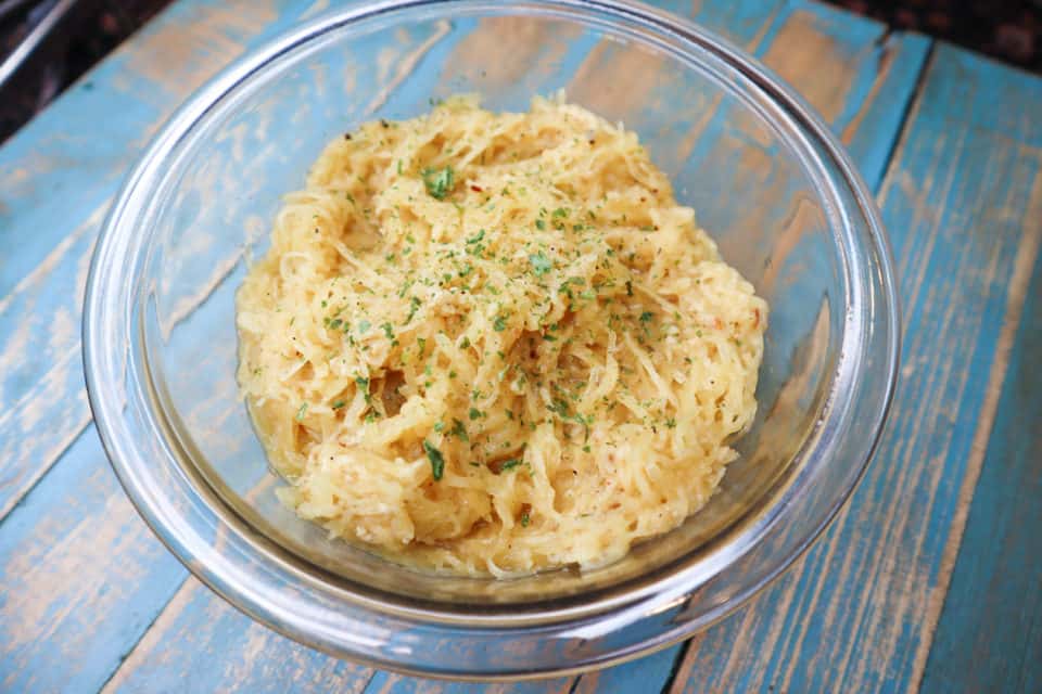 Picture of finished Garlic Parm Spaghetti Squash in a bowl ready to eat.