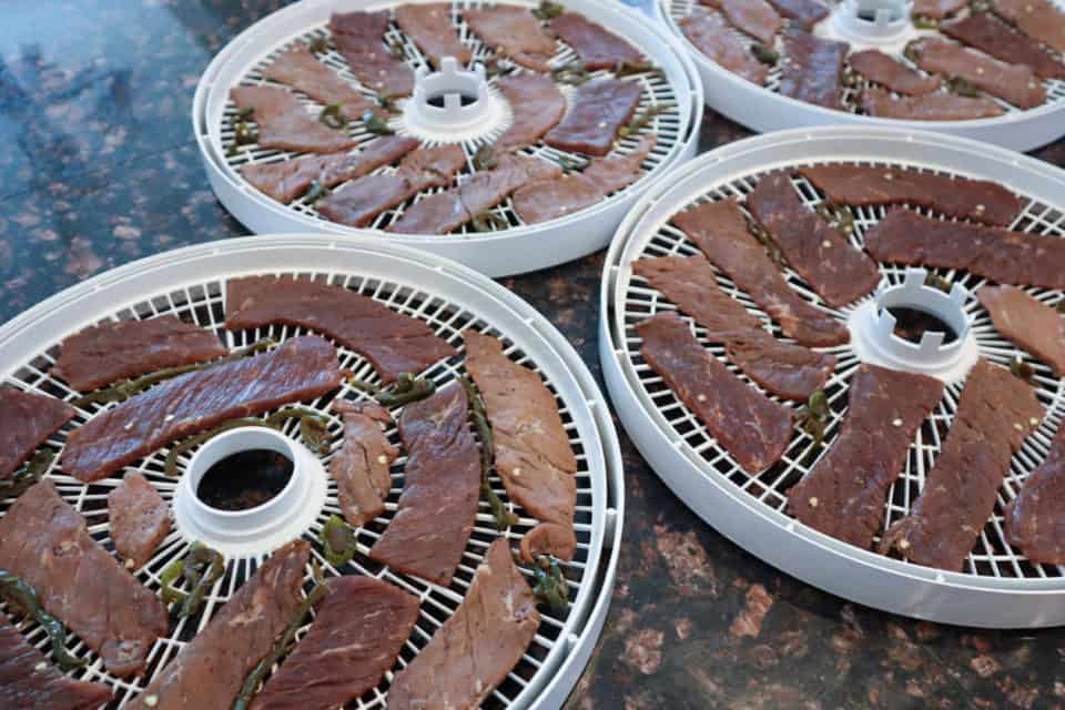 Picture of Spicy Dr. Pepper Beef Jerky on dehydrator trays.