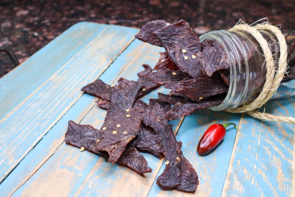 Picture of finished Spicy Dr. Pepper Beef Jerky.