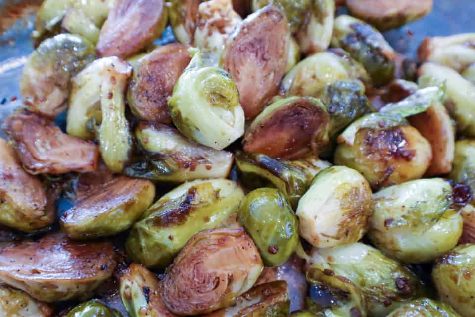 Finished picture of Oven Roasted Balsamic Brussels Sprouts. 