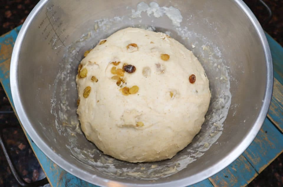 Picture of dough in a bowl after rising. 