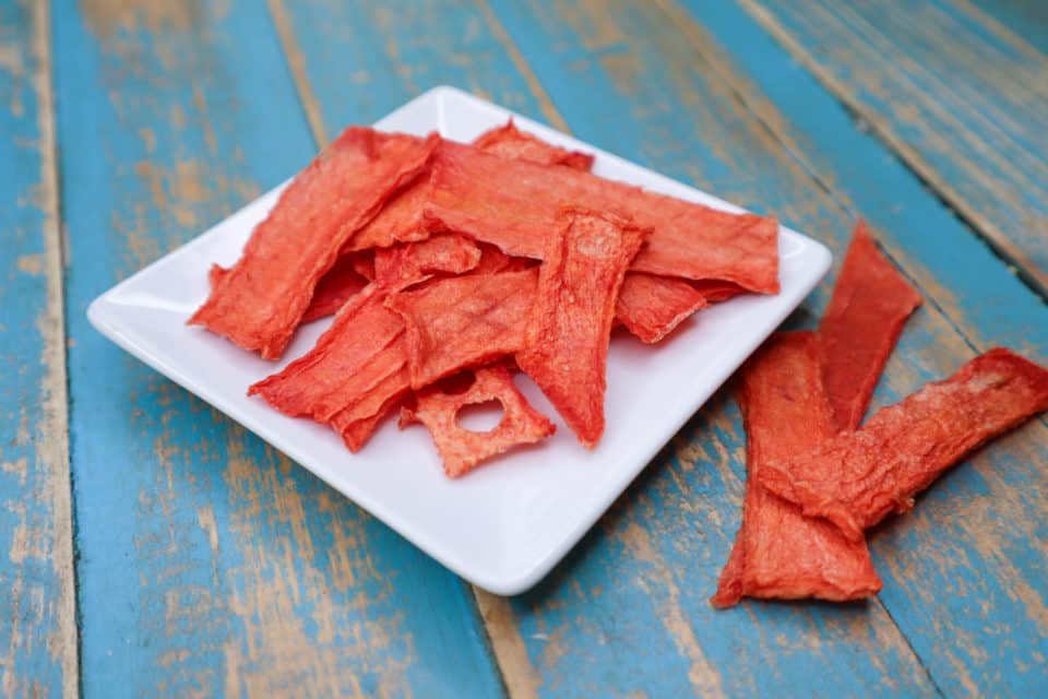 Picture of finished Watermelon Jerky on a plate (Dehydrated Watermelon).