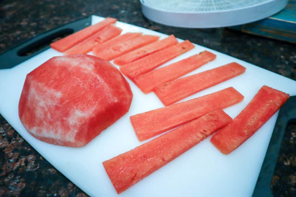 Picture of cut up fresh watermelon for Watermelon Jerky (Dehydrated Watermelon).