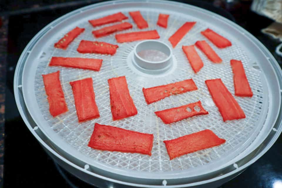 Picture of dehydrating watermelon slices for Watermelon Jerky (Dehydrated Watermelon).