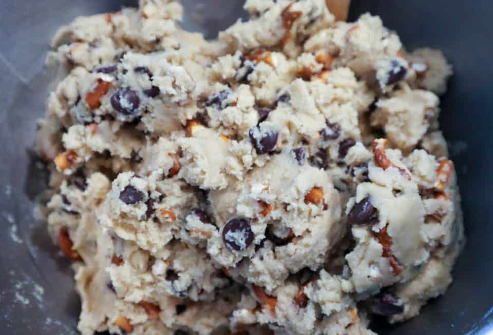 Mixed dough for Caramel Filled Chocolate Chip Pretzel Cookies.