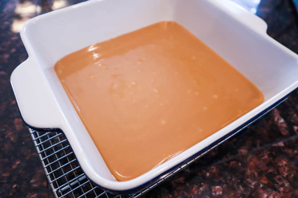 Finished Homemade Soft Caramel mixture in 9x9 pan before cutting.