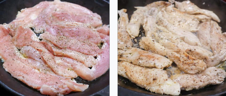 Chicken strips in a pan, sprinkled with salt & pepper before and after cooking, side by side comparison.