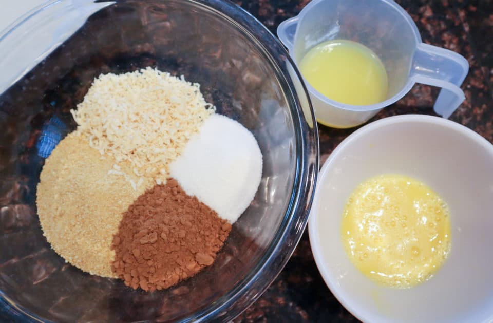 Ingredients for the base layer of Nanaimo Bars.