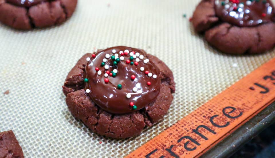 finished Chocolate Covered Cherry Cookie with sprinkles.