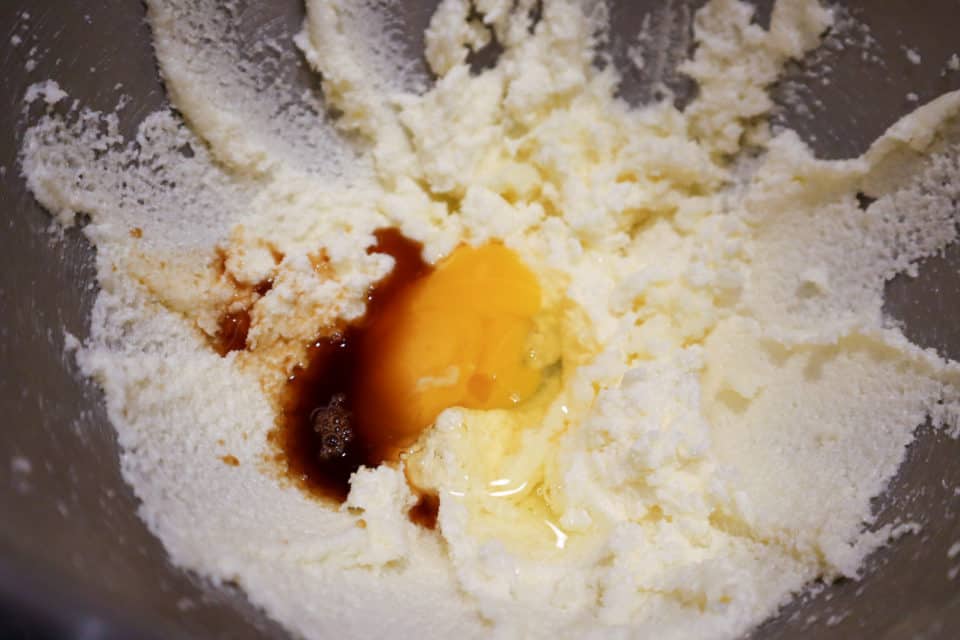 Creamed butter and sugar with egg and vanilla pre mix.