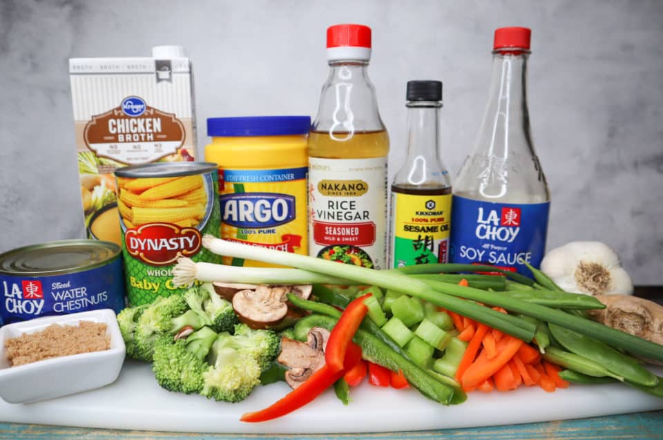 Picture including ingredients in original packaging and fresh veggies used in Quick & Easy Stir Fry.