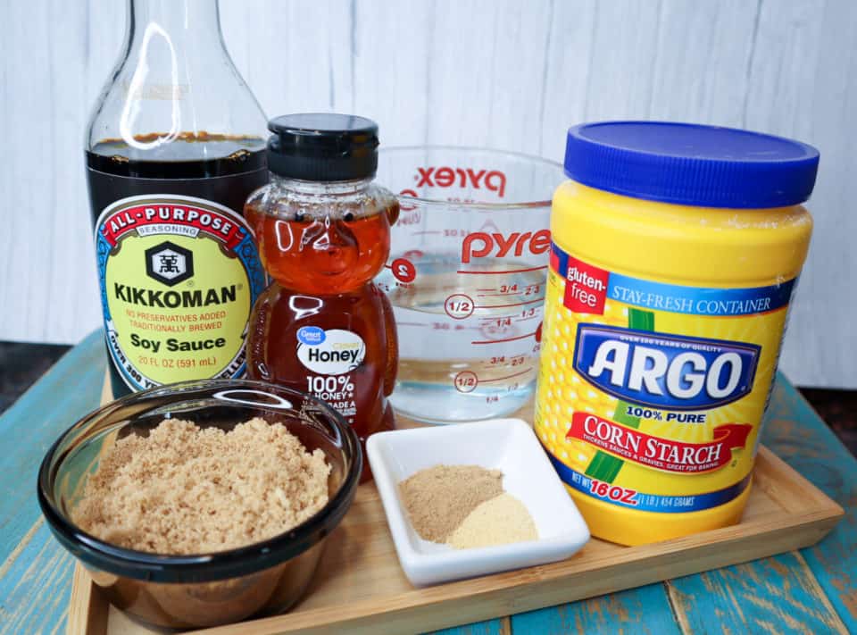 Ingredients for Restaurant Style Teriyaki Sauce on a board.