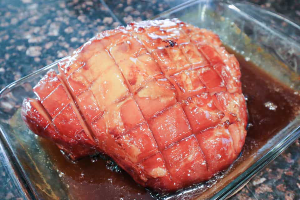 A finished ham, coated in Easy Brown Sugar Glaze.
