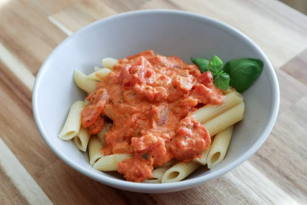 Finished Penne Pasta with Creamy Vodka Sauce in a bowl, ready to eat.